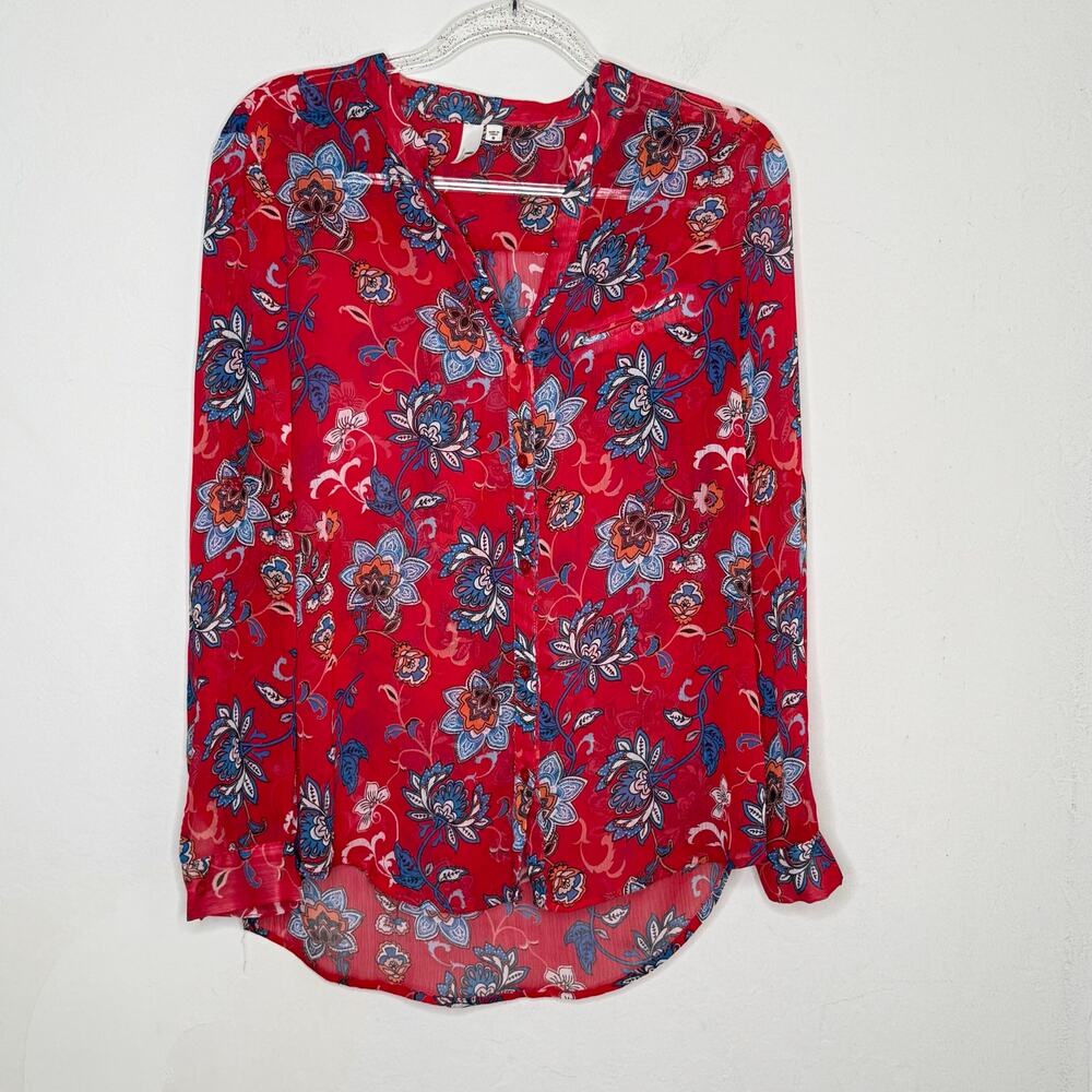 Kut From The Kloth Red‎ Floral Blouse Medium Long Sleeve Split Neck Boho Top